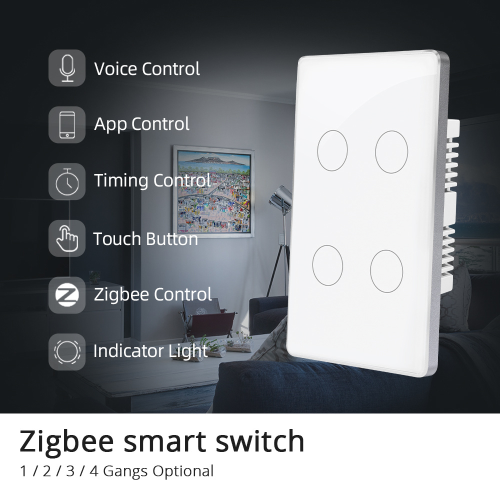 Zemismart Homekit Zigbee Switch US 1/2/3/4 Gang White TUYA Wall Light Switch Touch Glass Panel Homekit Switch Alexa Google Home