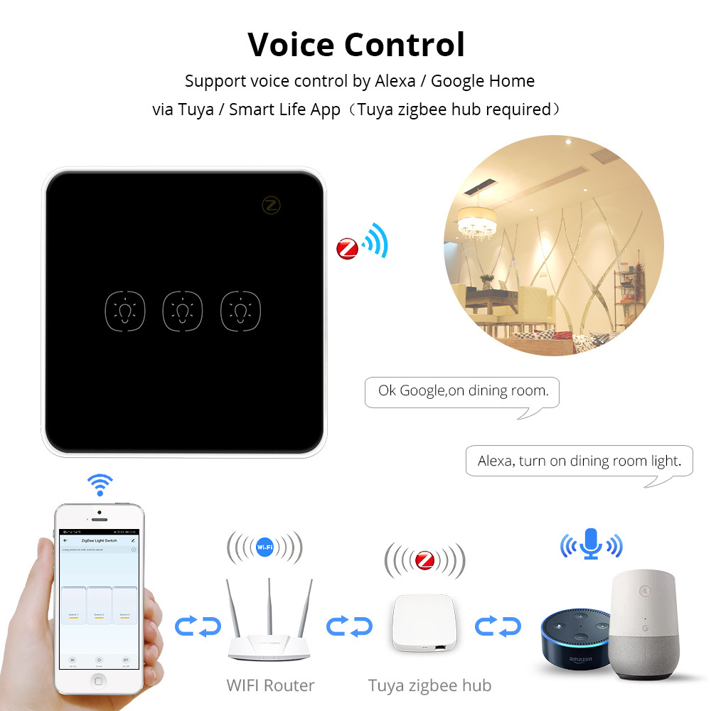 Zemismart Tuya Zigbee Black Glass Light Switch Alexa Echo Google Home Assistant Voice Control Homekit Touch Light Switches