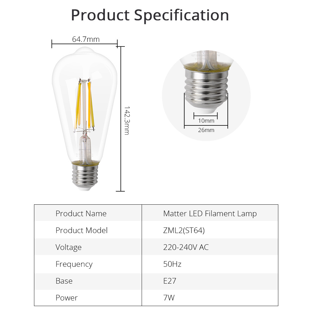 Zemismart Matter Over WiFi 7W Smart LED Filament Light Bulb E27 Dimmable SmartThings Siri Alexa Google Home 220V ST64