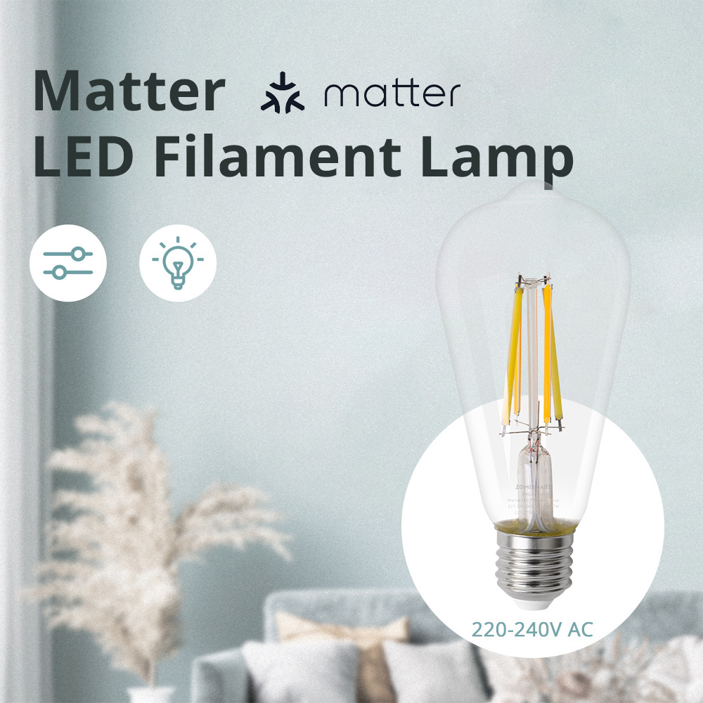 Zemismart Matter Smart Edison Light Bulbs E27 7W 2700-6500K ST64 Dimmable Vintage LED Filament Bulbs Work with Alexa Apple Home