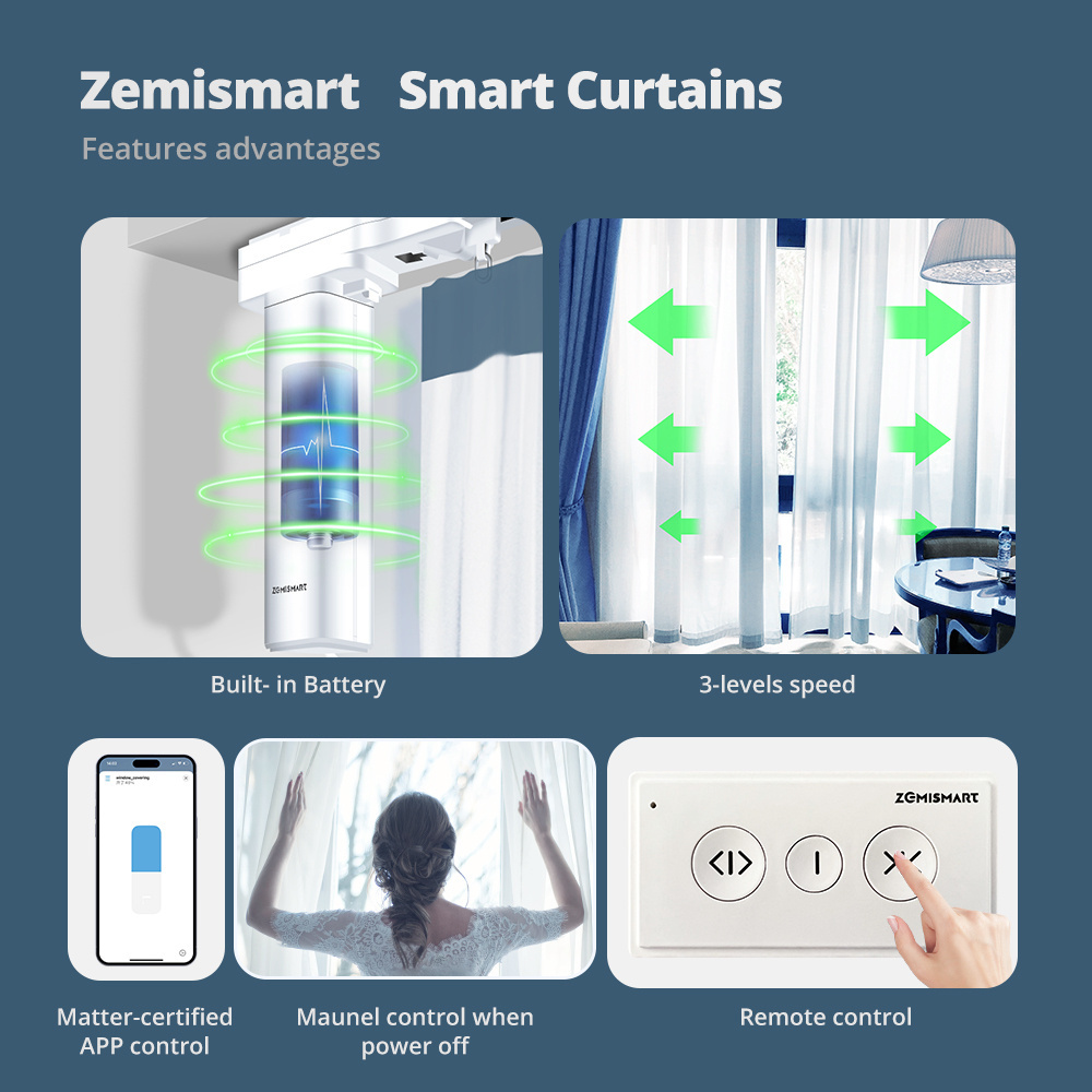 Zemismart Matter Curtain with Splicing Track Home APP Remote Control Matter Over Thread Slide Smart Curtain Alexa Google Home