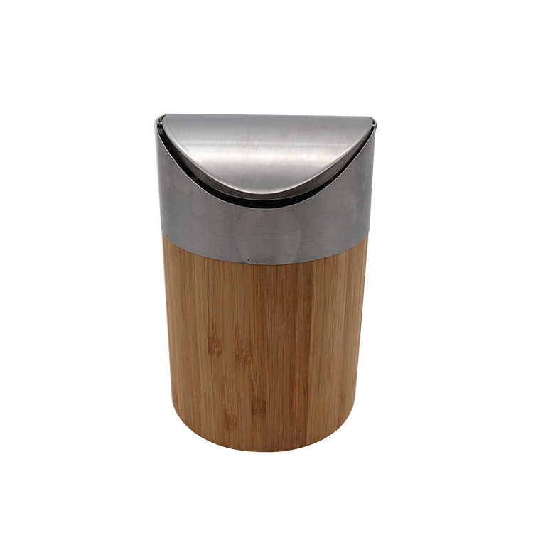 Household Bamboo Cylinder Trash Can Dustbin Office Waste Basket Car Use Rubbish Ash Bin with Swing Lid