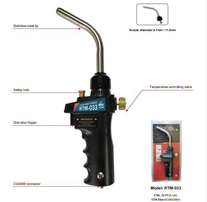 HVAC factory price RTM-033 hand torch propane mapp soldering gas torch welding torches for refrigeration mapp gas