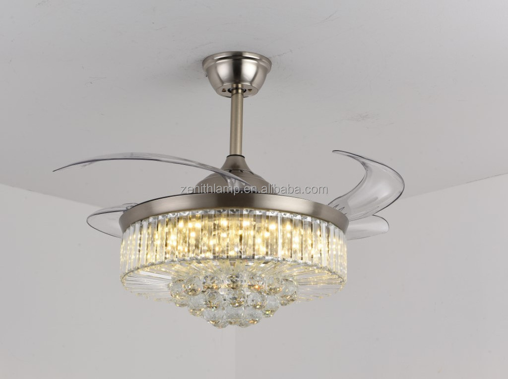 Middle East Gold Modern Arabic Retractable Chandelier Crystal Fancy Hidden Clear Blade Ceiling Fan With LED Light