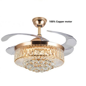 Middle East Gold Modern Arabic Retractable Chandelier Crystal Fancy Hidden Clear Blade Ceiling Fan With LED Light