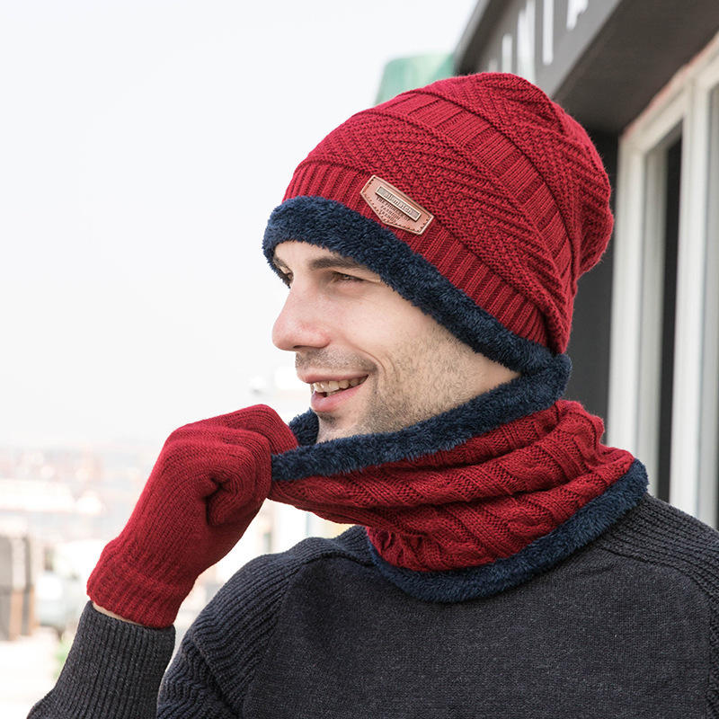 Winter Knitted Hat And Scarf Gloves Set Women Men Warm Plush Hat 3 Piece Sets Male Outdoor Ski Cap Ring Scarves Solid Man