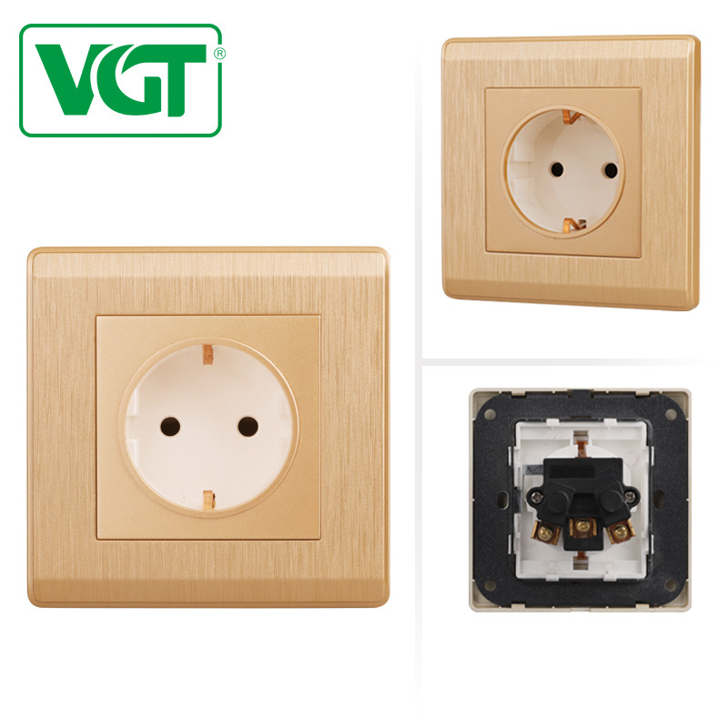 VGT Factory Direct Sale PC Panel 16A Schuko Socket Spray Painting Gold Brushed Nickle/ wall switch