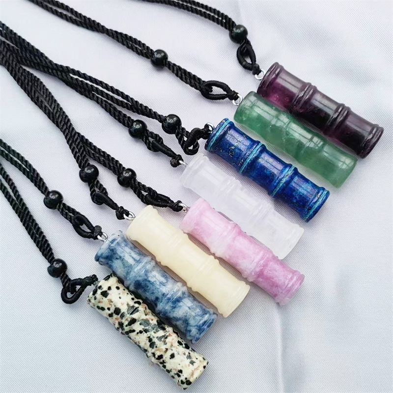 Handmade Carved Natural Gem Stone Bamboo Joint Shape Charm Pendant Necklace With Black Rope Chain