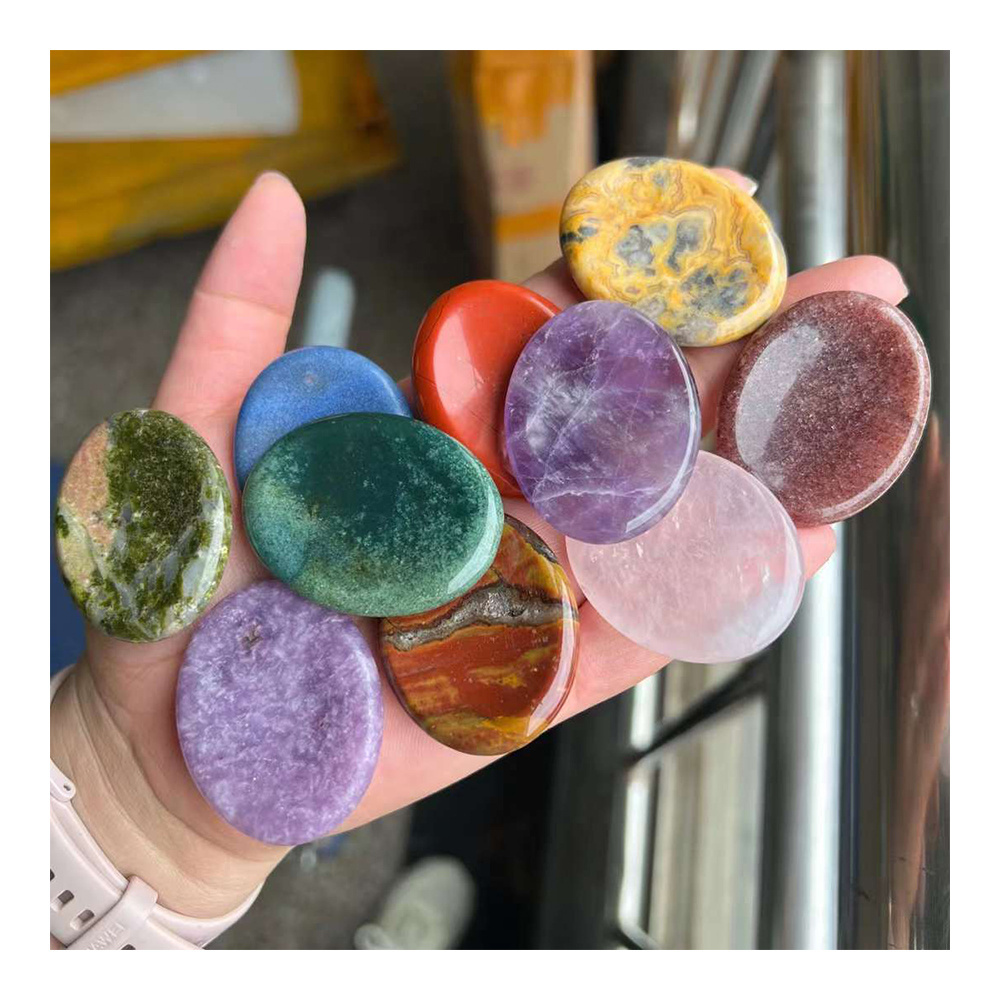 Whoielsale Chakra Carved Oval Shape Worry Stone Healing Crystal Amethyst Pocket Palm Massage Stone For Relieve Anxiety