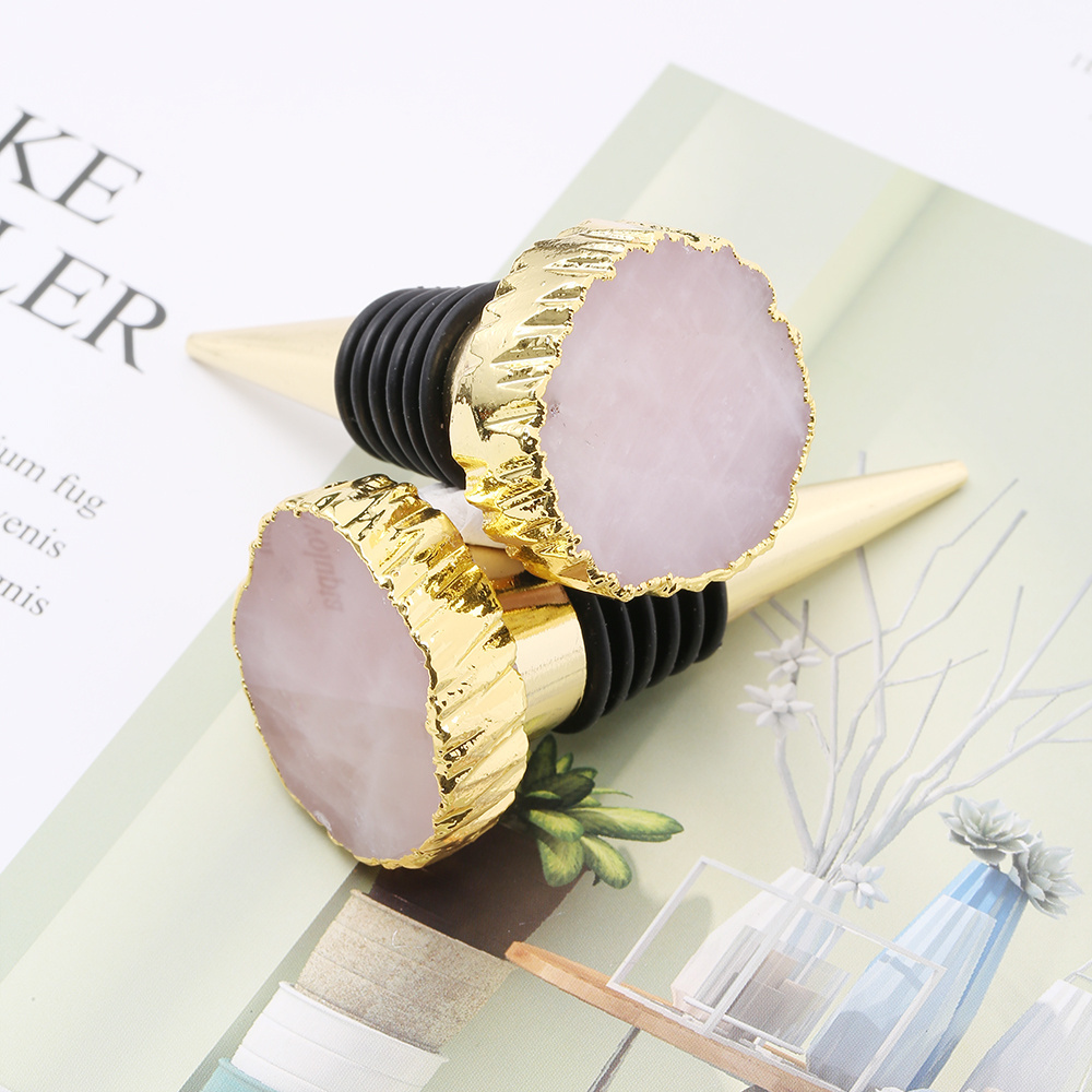 Factory wholesale real stone custom crystal bottle stoppers natural stone gold plated gemstone rose quartz wine stopper