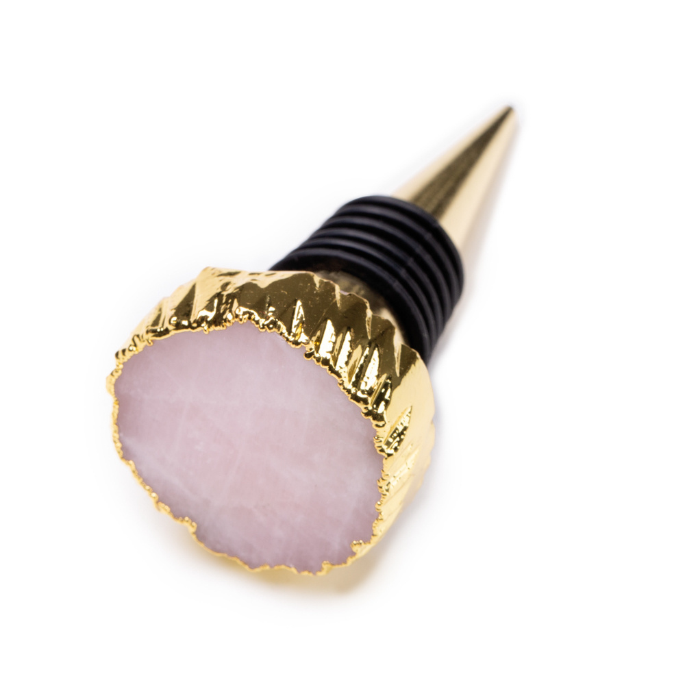 Factory wholesale real stone custom crystal bottle stoppers natural stone gold plated gemstone rose quartz wine stopper