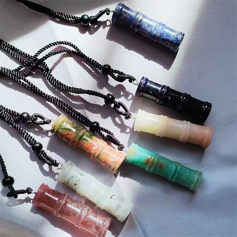 Handmade Carved Natural Gem Stone Bamboo Joint Shape Charm Pendant Necklace With Black Rope Chain