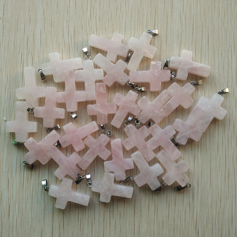 25mm Handmade Carved Cross Gemstone Charms Healing Crystal Amethyst Rose Quartz Cross Charm Pendant For DIY Jewelry Making