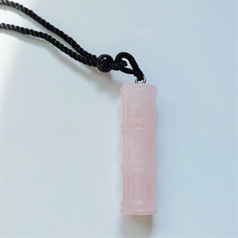 Handmade Carved Natural Gem Stone Bamboo Joint Shape Charm Pendant Necklace With Black Rope Chain