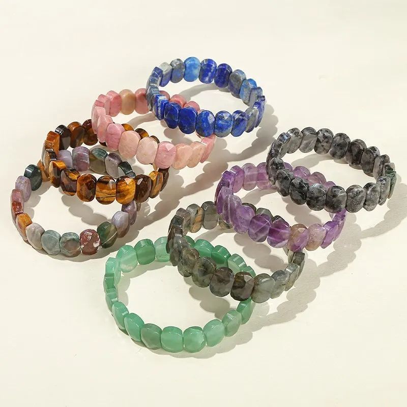 Handmade Healing Crystal Amethyst Green Aventurine Tiger Eye 14*10mm Flat Oval Faceted Stone Bead Stretchy Bangle Bracelet