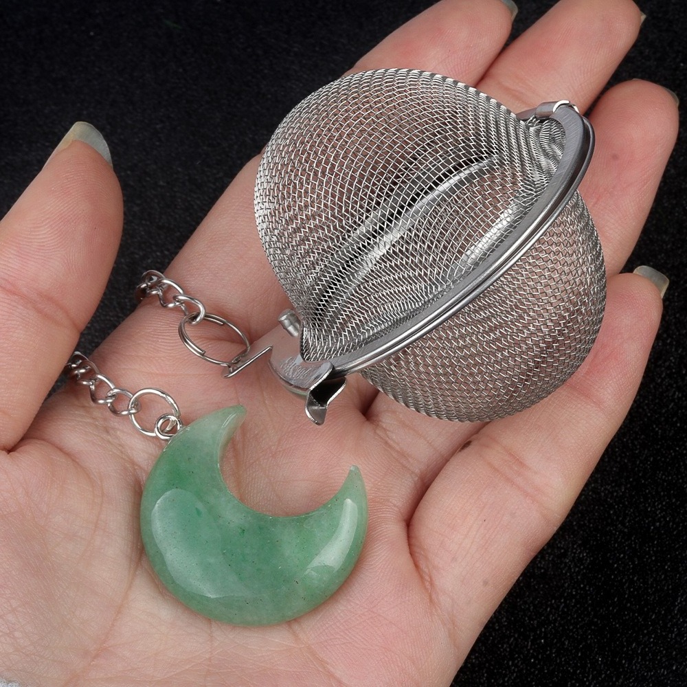 Tea Filter Stainless Steel with Moon Crystal Energy Gemstone Tea Strainers with Fine Mesh Extend Chain Hook Tea Ball Infuser