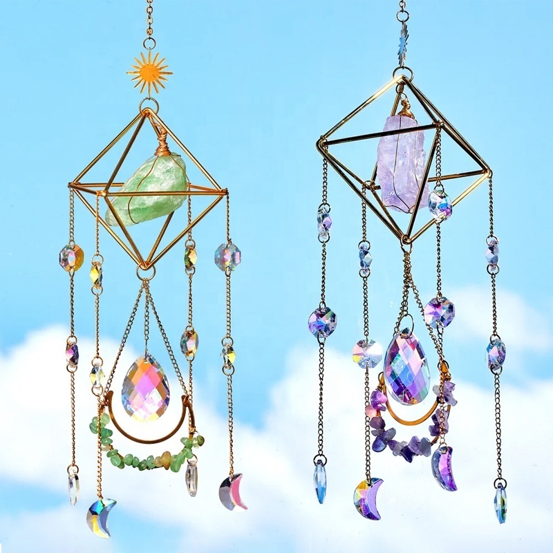 Raw Crystal Quartz Stone Pendant Stained Glass Sun Catcher Healing Crystal Hanging For Window