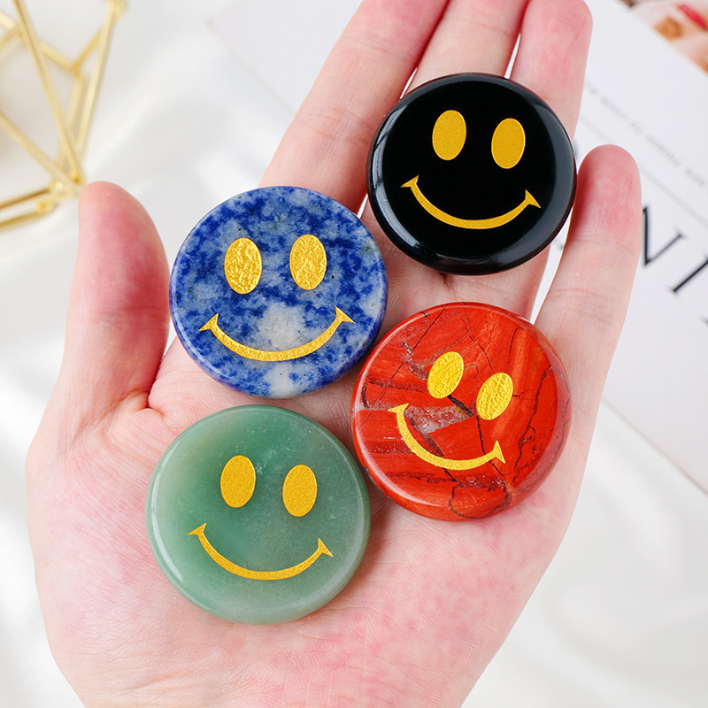 Engraved Gold Symbol Chakra Crystal Worry Stone Handmade Carved Smiley Faces Palm Stones Pocket Stone For Crystal Gifts