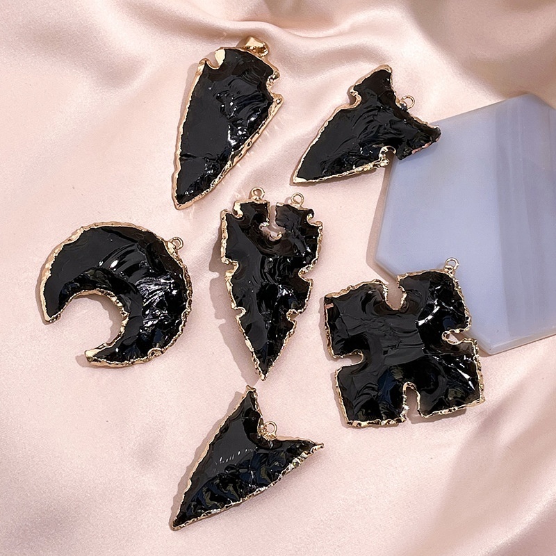 Natural Stone Obsidian with Gold Plated,Unique Design Charming Gift Arrowhead Pendant,Natural Crystal Point Charms Jewelry