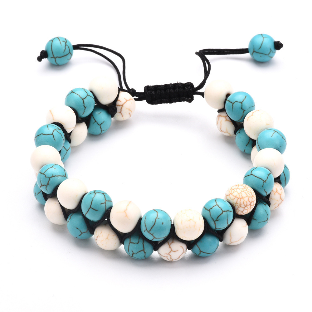 wholesale custom handmade friendship double-row lava and turquoise woven bracelets,double-layer natural stone beads bracelets