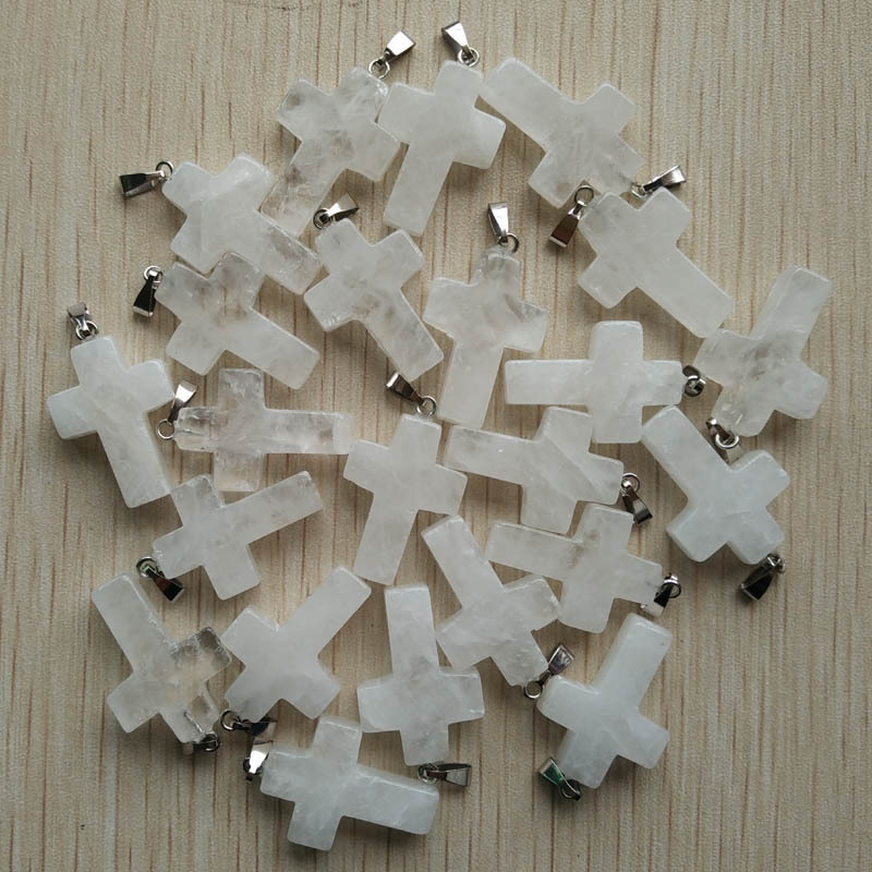 25mm Handmade Carved Cross Gemstone Charms Healing Crystal Amethyst Rose Quartz Cross Charm Pendant For DIY Jewelry Making