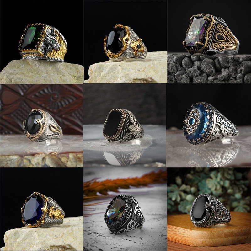 Hot selling accessories Serpentine wrapped black flat stone ring men's vintage pattern open ring