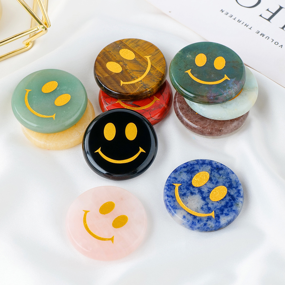 Engraved Gold Symbol Chakra Crystal Worry Stone Handmade Carved Smiley Faces Palm Stones Pocket Stone For Crystal Gifts