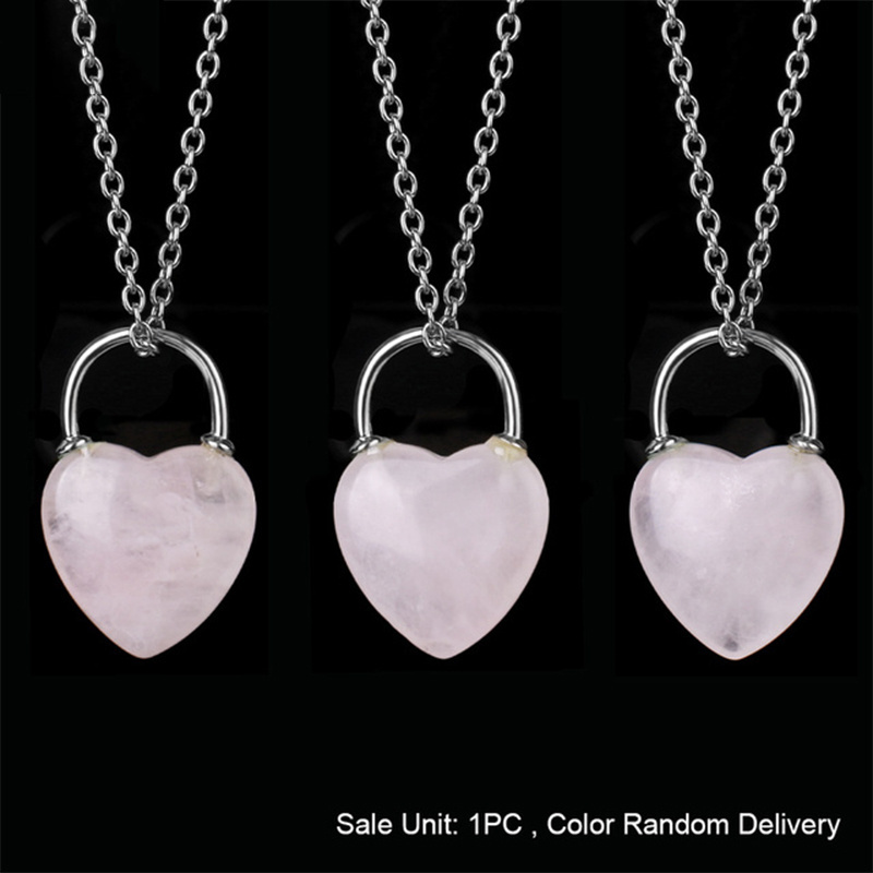 Healing Crystal Heart Lock Charm Necklace Natural Crystal Amethyst Lock Pendant Necklace Gemstone Valentine's Day Gift For Women