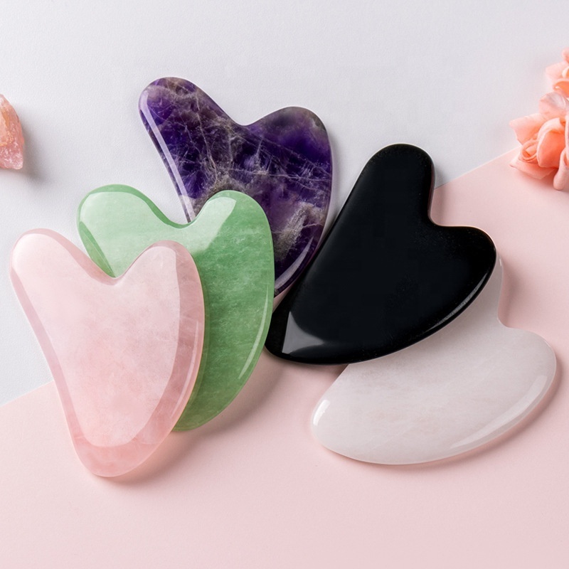 Hot Sales Heart Shaped Gua Sha Board Pink Rose Quartz Jade Stone Scraping Massage Tool Guasha Board