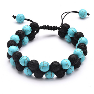 wholesale custom handmade friendship double-row lava and turquoise woven bracelets,double-layer natural stone beads bracelets