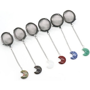 Tea Filter Stainless Steel with Moon Crystal Energy Gemstone Tea Strainers with Fine Mesh Extend Chain Hook Tea Ball Infuser