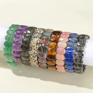 Handmade Healing Crystal Amethyst Green Aventurine Tiger Eye 14*10mm Flat Oval Faceted Stone Bead Stretchy Bangle Bracelet