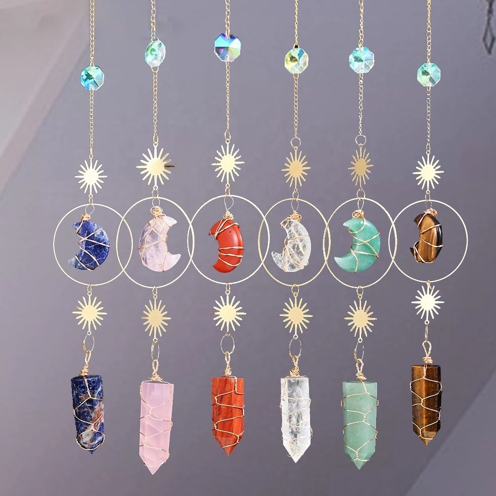 Hexagon Crystal Quartz Stone Pendant Stained Glass Sun Catcher Healing Crystal Hanging For Window