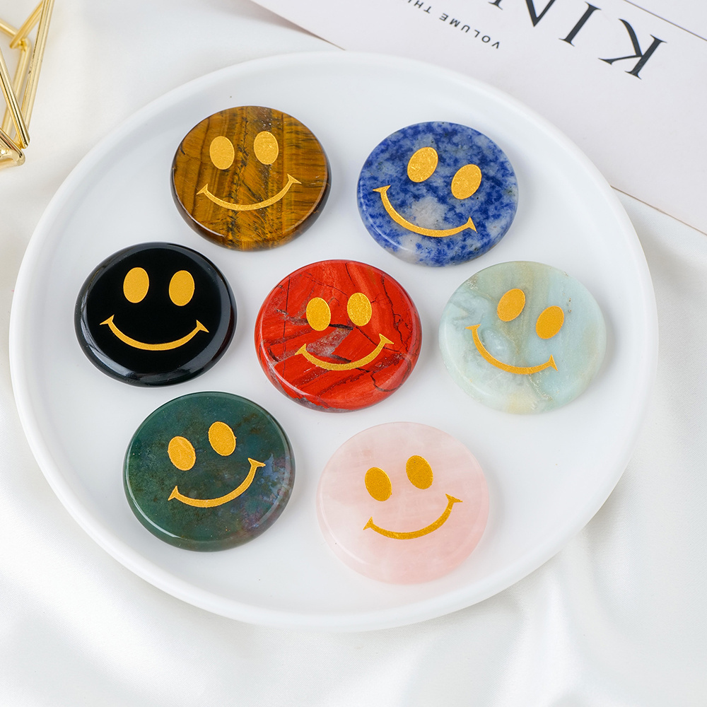 Engraved Gold Symbol Chakra Crystal Worry Stone Handmade Carved Smiley Faces Palm Stones Pocket Stone For Crystal Gifts