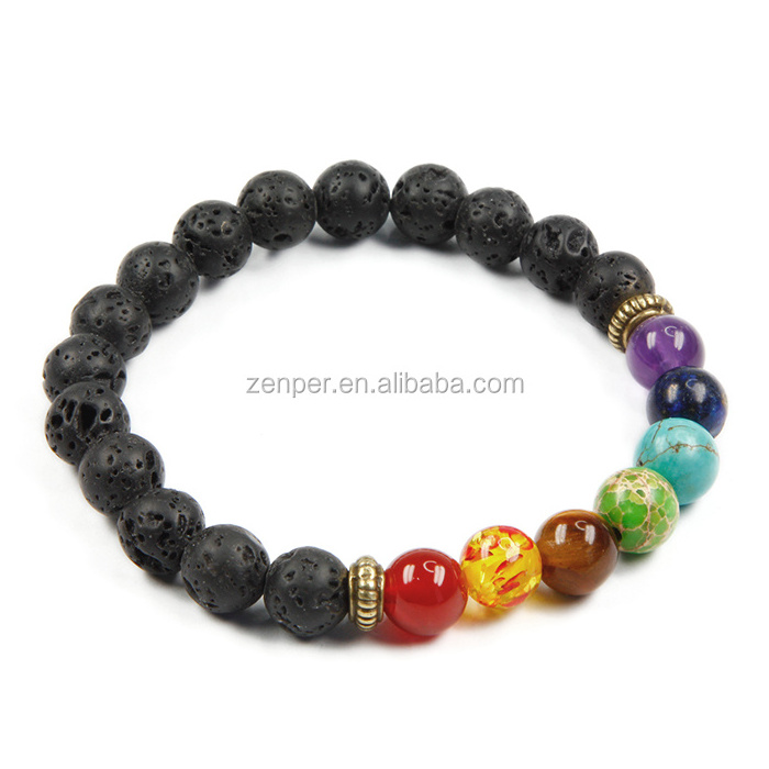 Colorful 7 chakra beads lava stone chakra bracelet with gold plated Bali