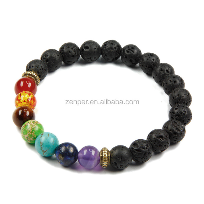 Colorful 7 chakra beads lava stone chakra bracelet with gold plated Bali