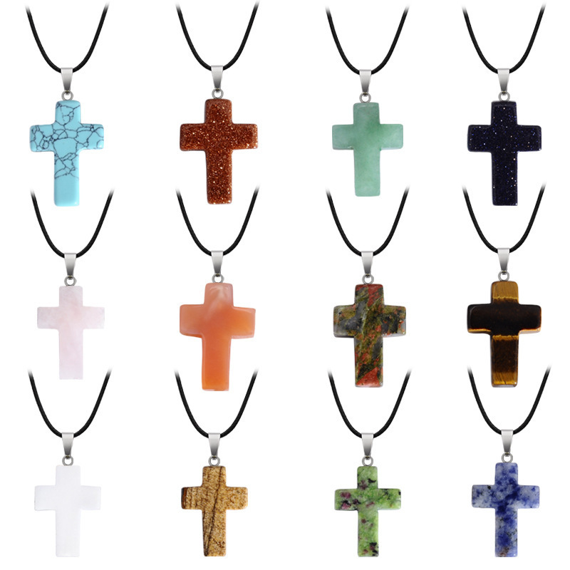 25mm Handmade Carved Cross Gemstone Charms Healing Crystal Amethyst Rose Quartz Cross Charm Pendant For DIY Jewelry Making