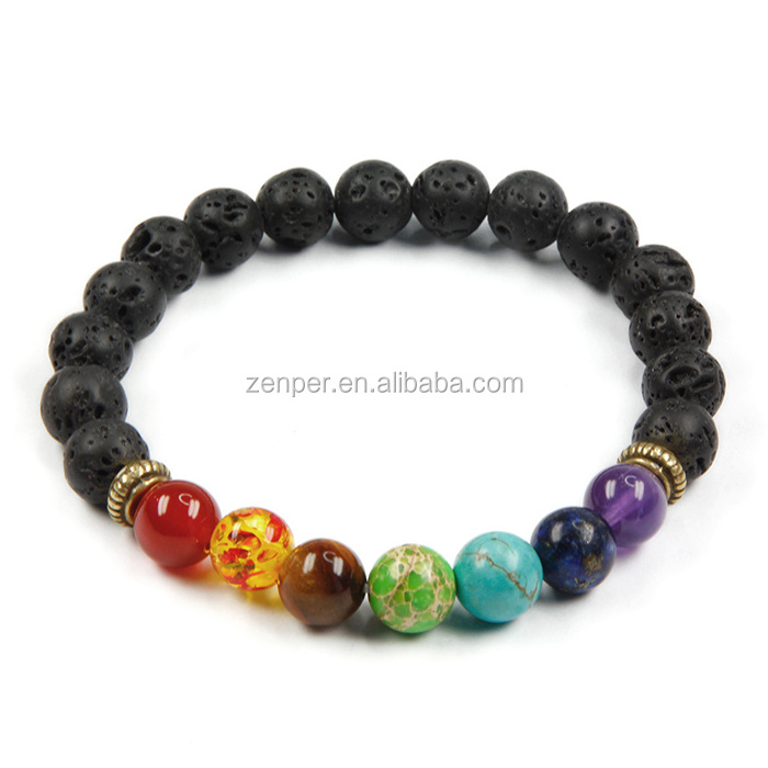 Colorful 7 chakra beads lava stone chakra bracelet with gold plated Bali