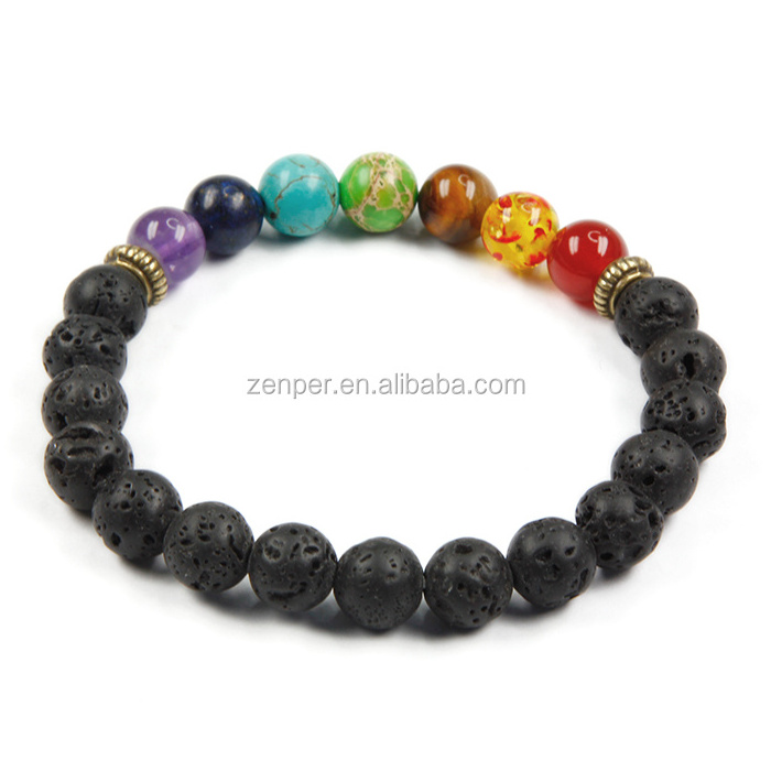 Colorful 7 chakra beads lava stone chakra bracelet with gold plated Bali