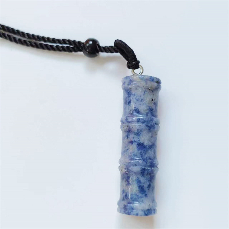 Handmade Carved Natural Gem Stone Bamboo Joint Shape Charm Pendant Necklace With Black Rope Chain