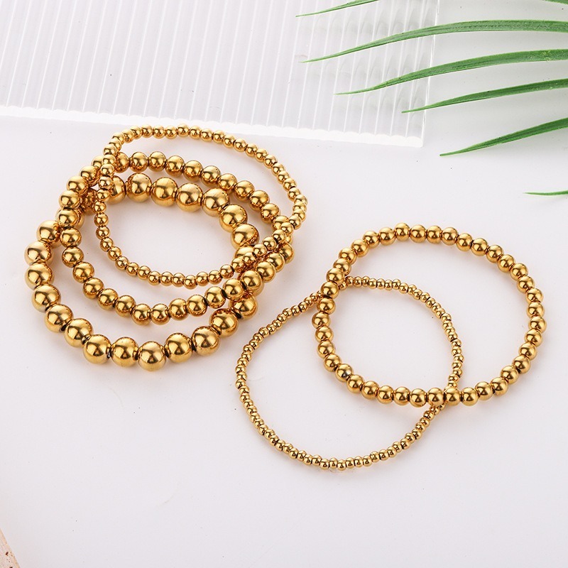 Waterproof Jewelry Round Ball Beads Elastic Stretch Bracelet 18K Gold Plated Stainless Steel Bead Bracelet for Women Jewelry