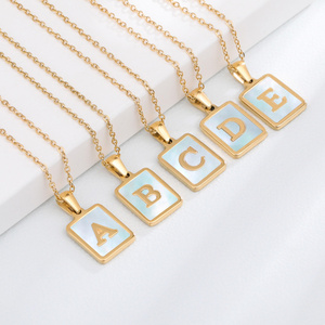 Custom 26 Letters 18K Gold Color Initial Alphabet Stainless Steel Necklace White Mother of Pearl Square Shell Pendant Necklace