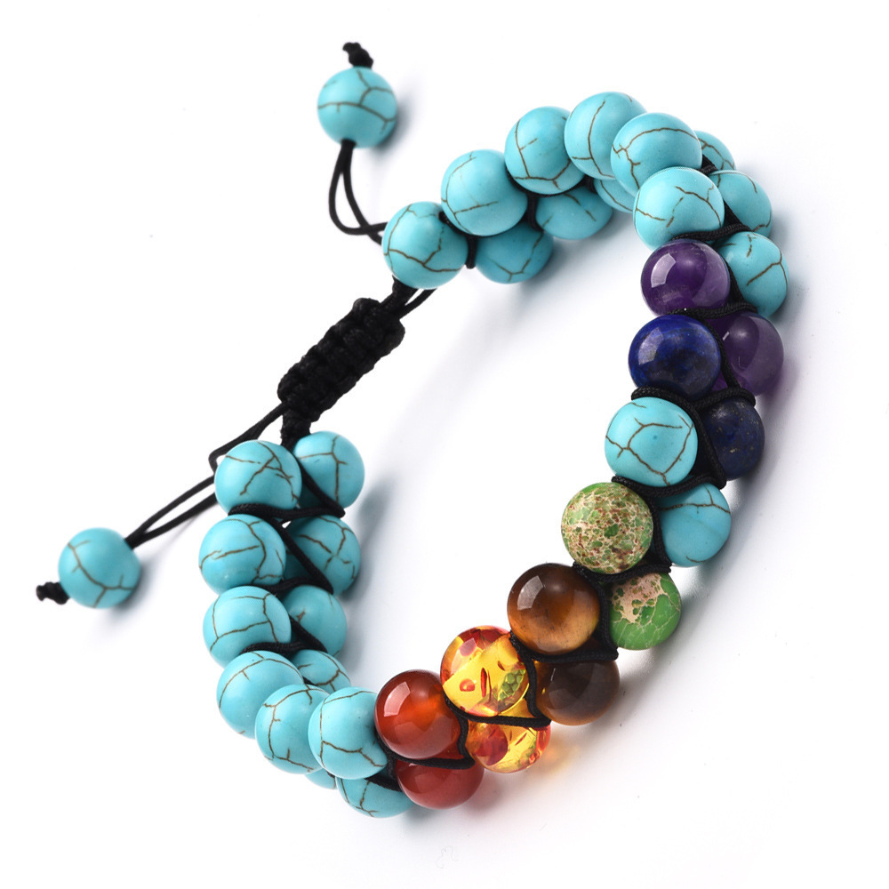 High Quality Healing Yoga 8mm Beads Bracelet Adjustable Double Layered Lava Volcanic Woven Braided 7 Chakra Turquoise Bracelet