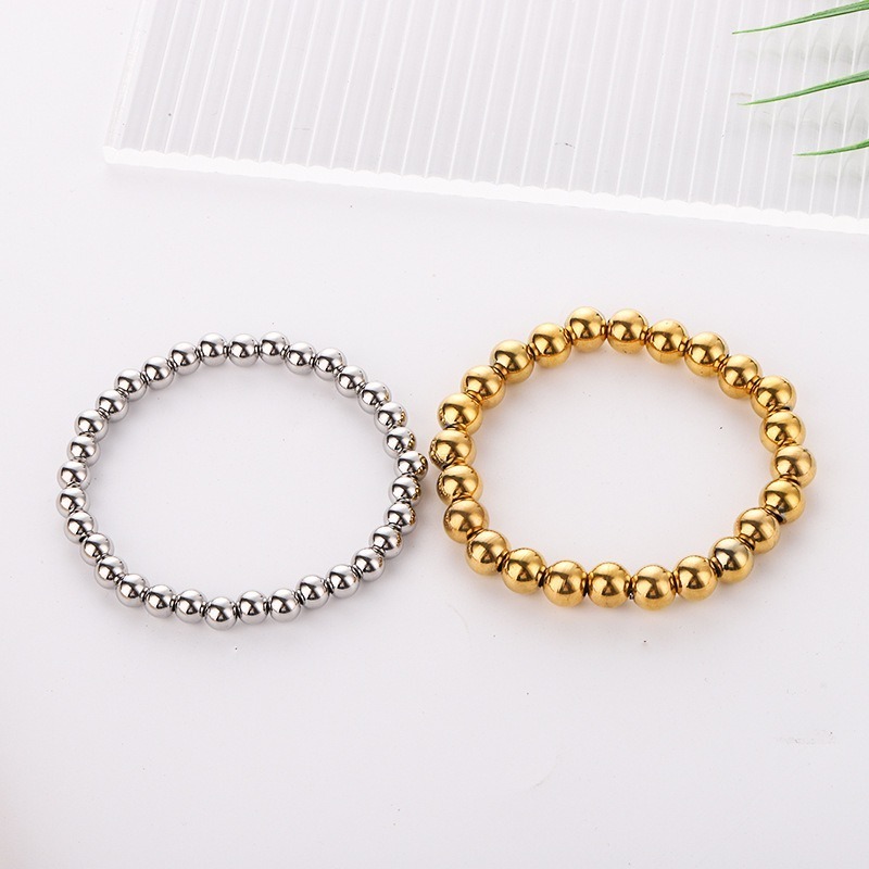 Waterproof Jewelry Round Ball Beads Elastic Stretch Bracelet 18K Gold Plated Stainless Steel Bead Bracelet for Women Jewelry