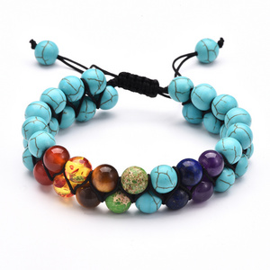 High Quality Healing Yoga 8mm Beads Bracelet Adjustable Double Layered Lava Volcanic Woven Braided 7 Chakra Turquoise Bracelet