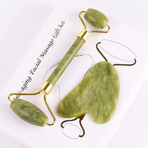 Flower Handle Face Roller GuaSha Massage Tool Xiuyan Jade Heart shaped Stone and Resin Handle Jade massager Roller Set