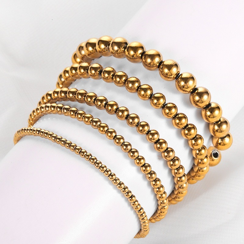 Waterproof Jewelry Round Ball Beads Elastic Stretch Bracelet 18K Gold Plated Stainless Steel Bead Bracelet for Women Jewelry