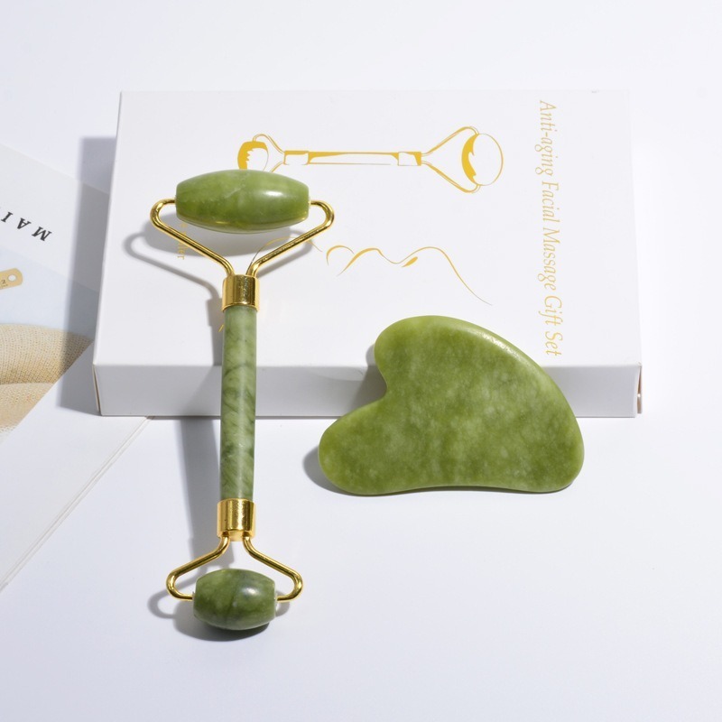 Hot Natural gua sha massage tool Xiuyan Green jade roller Guasha set real stone Facial firming massager anti aging for woman