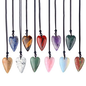 40mm Big Love Rope  Chain Stone Pendants Necklace Natural Crystal Agate Quartz Polished Love Pendant Heart Necklace