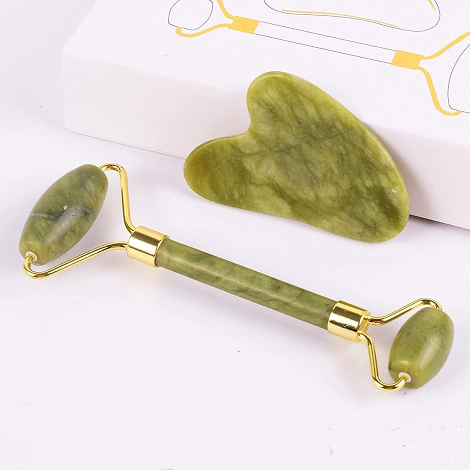 Flower Handle Face Roller GuaSha Massage Tool Xiuyan Jade Heart shaped Stone and Resin Handle Jade massager Roller Set